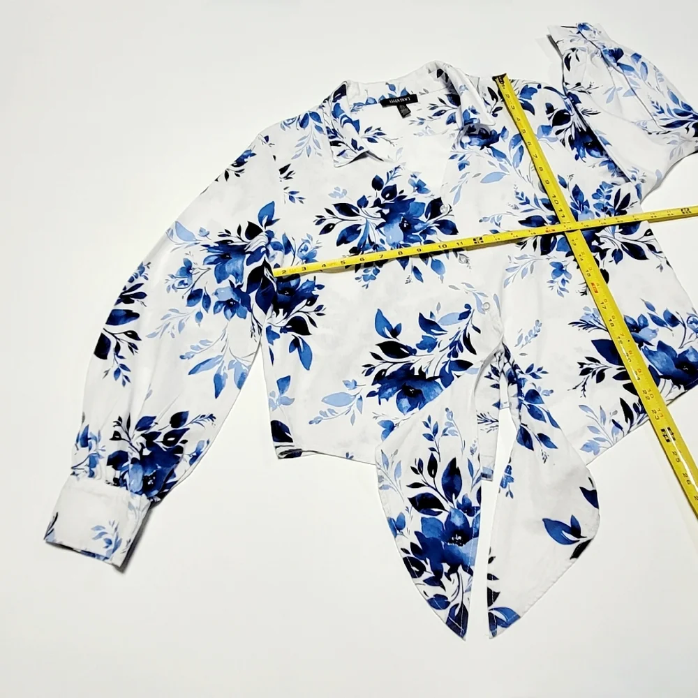 Ellen Tracy White Linen with Blue Floral Print Tie Front Blouse Women's (L) - Picture 11 of 12